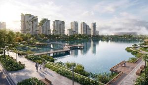 Phối cảnh hồ nước, cầu đi bộ và cụm tháp căn hộ trong quy hoạch Forestia Park