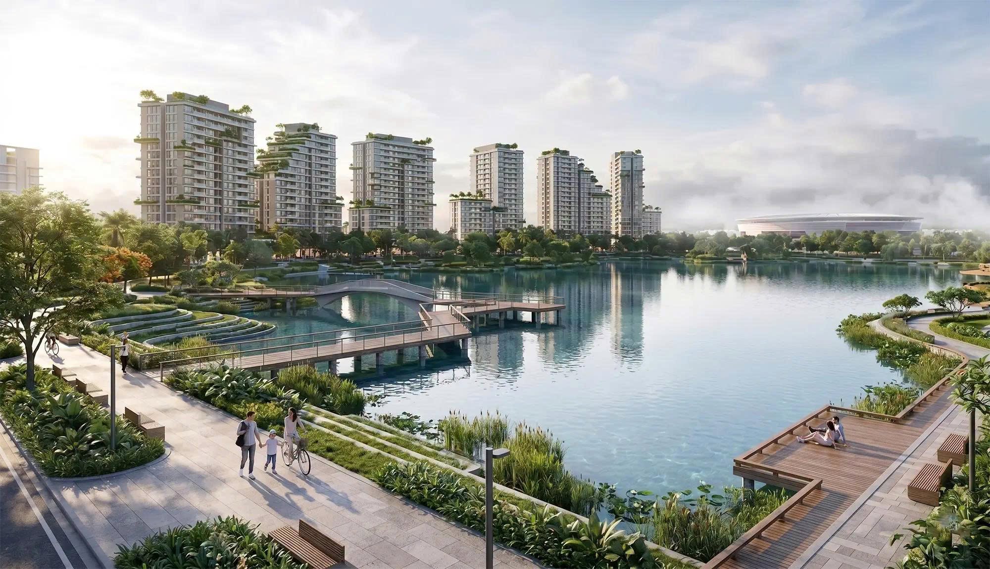 Phối cảnh hồ nước, cầu đi bộ và cụm tháp căn hộ trong quy hoạch Forestia Park