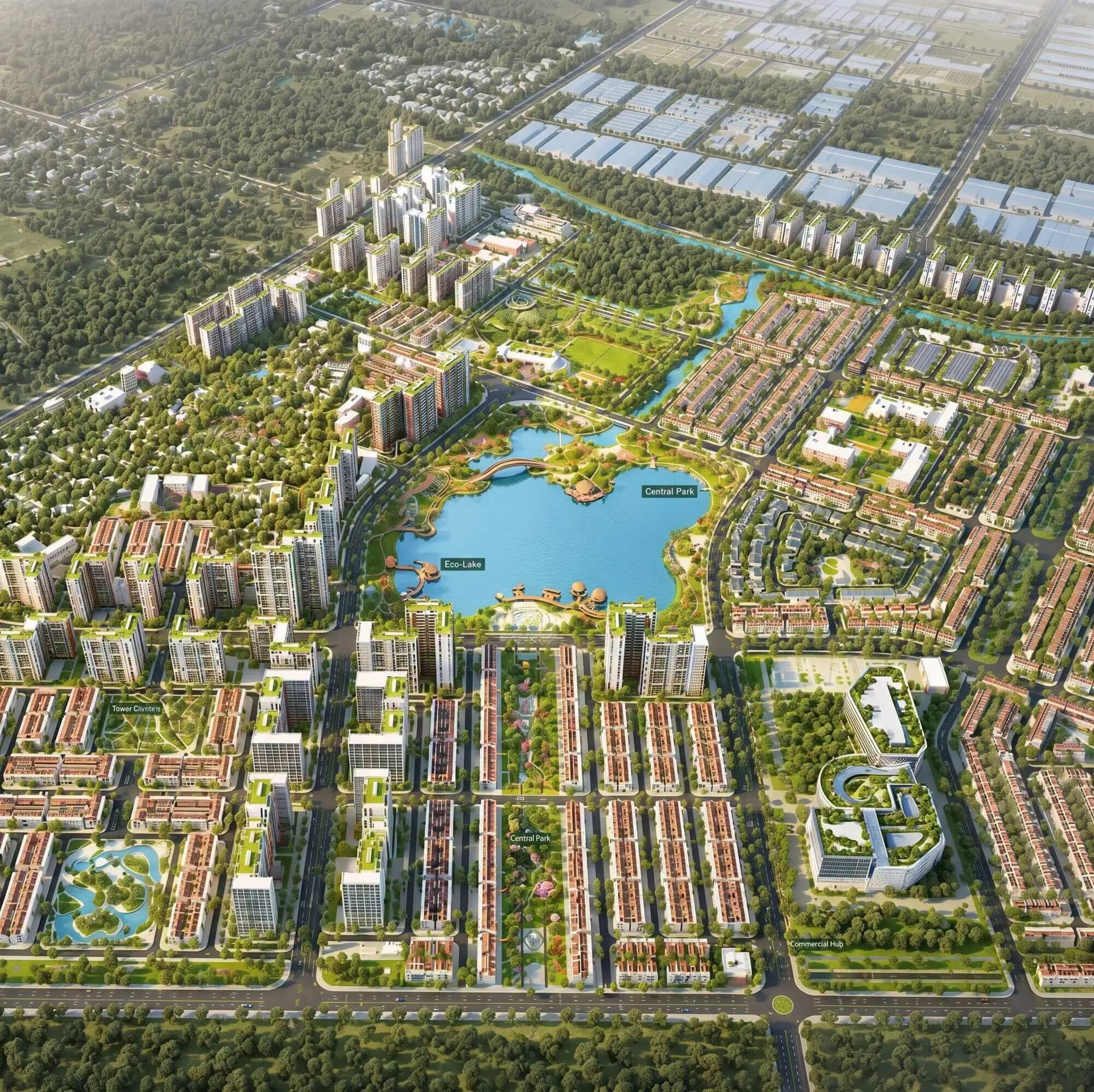 Phối cảnh tổng thể quy hoạch Forestia Park với hồ trung tâm, công viên và khu thương mại