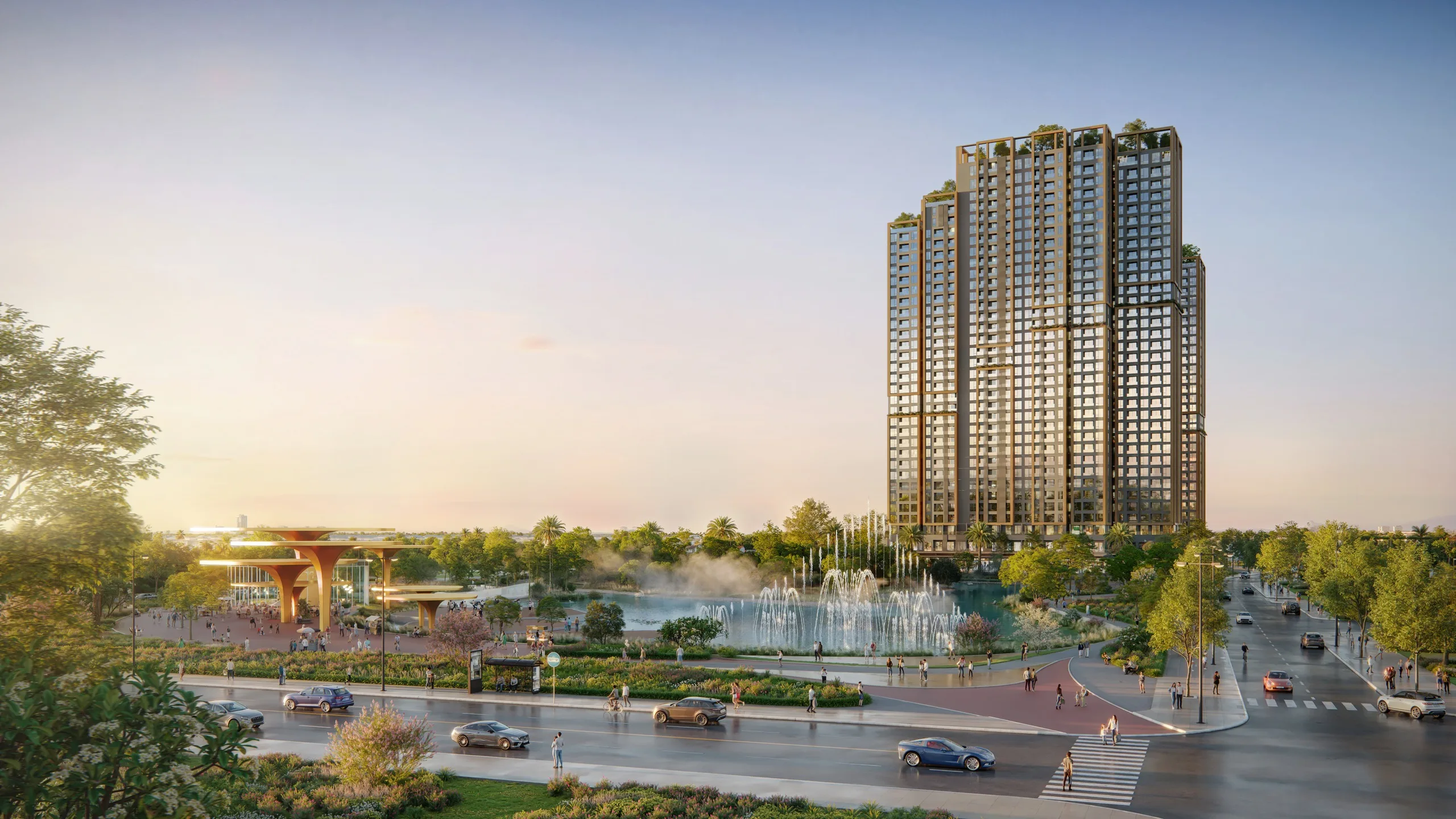 Phối cảnh dự án The Parkland thuộc dòng căn hộ Imperia, với các tòa tháp cao tầng bên hồ nước